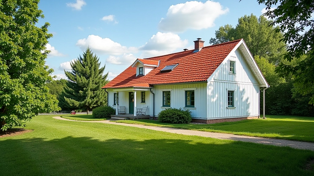 Peipsi rannaniidu külamaja, valge seintega ja punase katusega, maali-nagu vaade