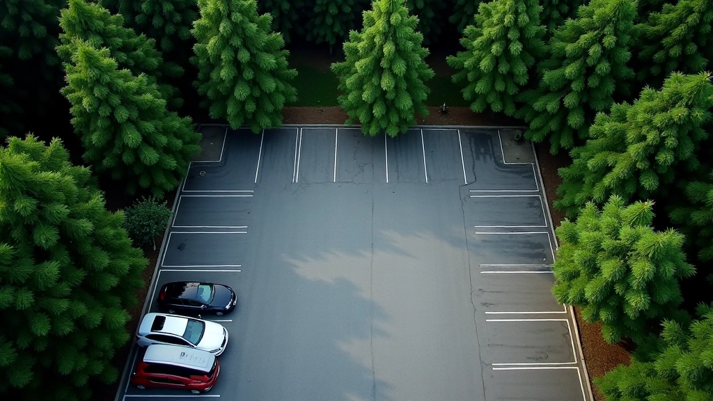 Tühja parkimisplatsi õhufoto, kolmteist parkeerimisviirust, teega peatuskohale juhib